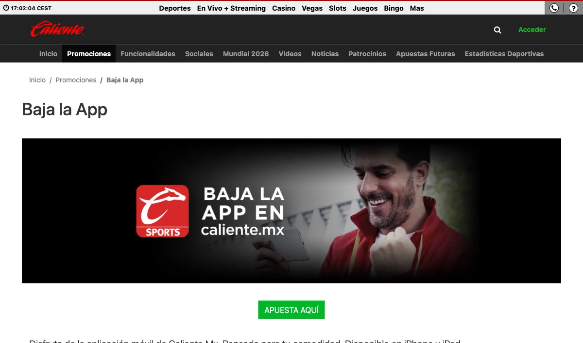 Official Caliente app download page promoting the iOS and Android apps