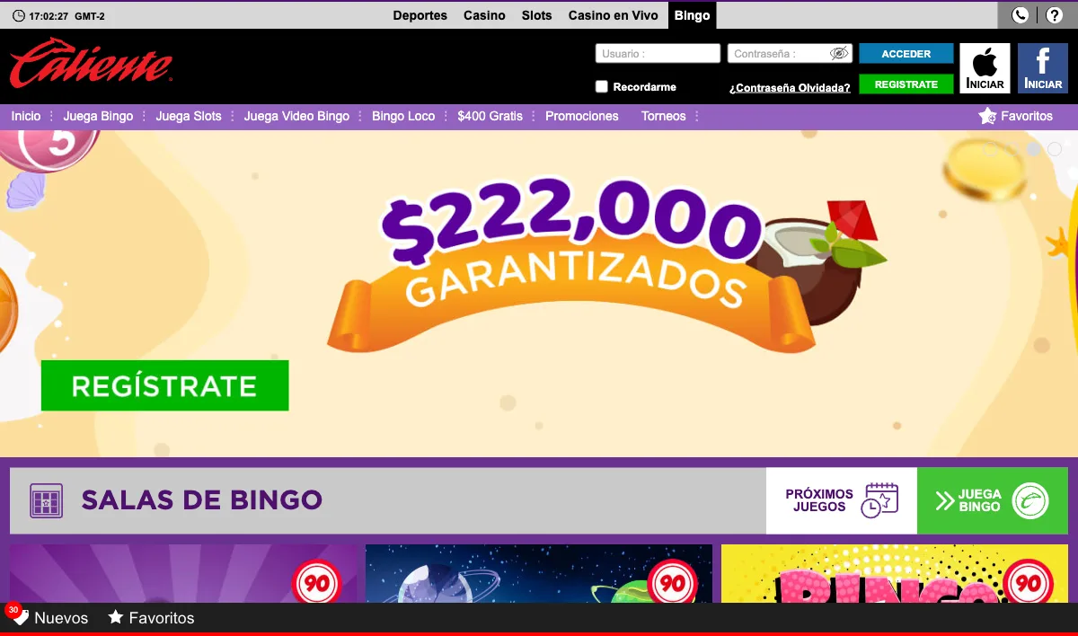 Caliente video bingo tab showing Zitro-style bingo rooms and the $400 gratis banner