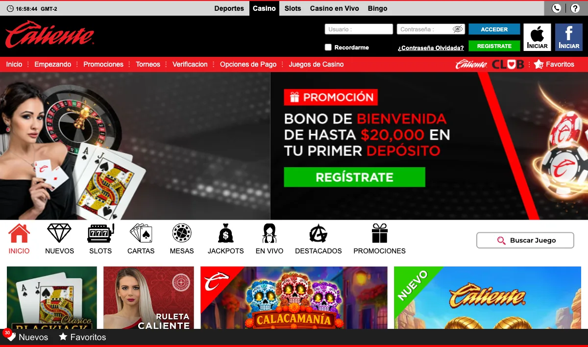 Caliente casino lobby with game categories, peso jackpot tickers and Playtech titles