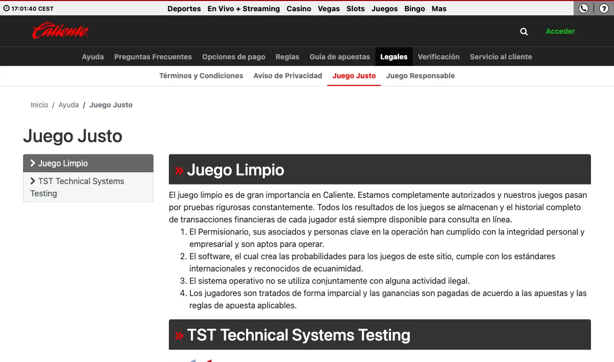 Caliente fair play page describing Playtech software and monthly TST game testing