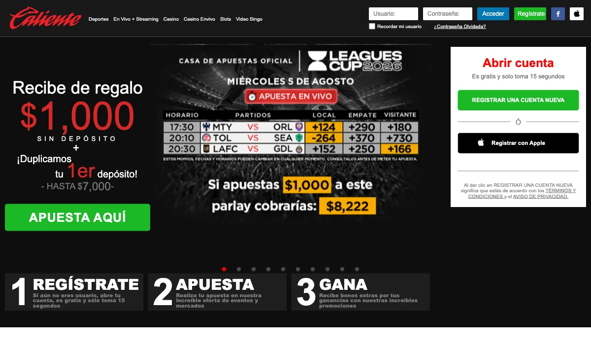 Caliente.mx homepage showing the sportsbook welcome offers and casino navigation
