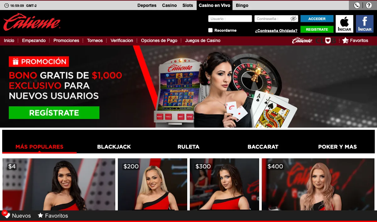 Caliente live casino page showing Playtech Live tables including branded blackjack and roulette