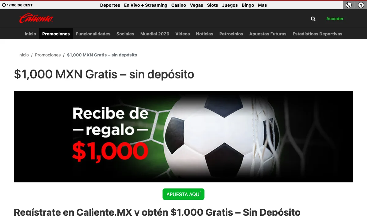 Official terms page of the $1,000 MXN no-deposit sports freebet at Caliente