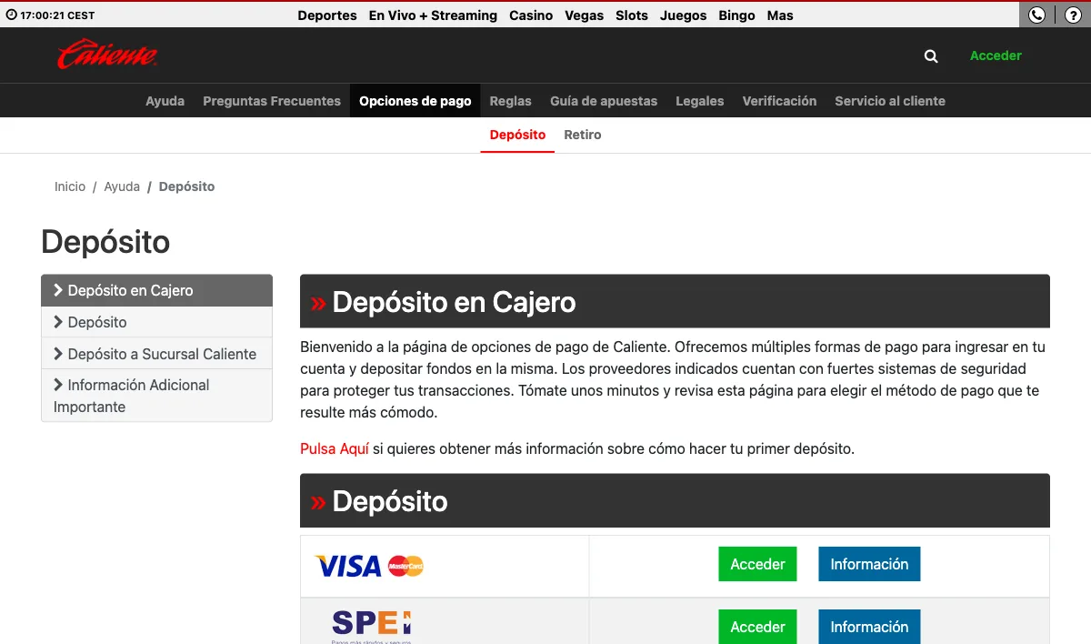 Official Caliente deposit help page showing the payment method icons and the authorized branch table