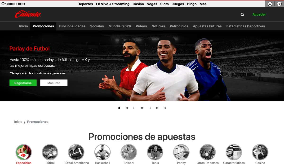 Official Caliente promotions page showing the sportsbook welcome offers and casino promo cards