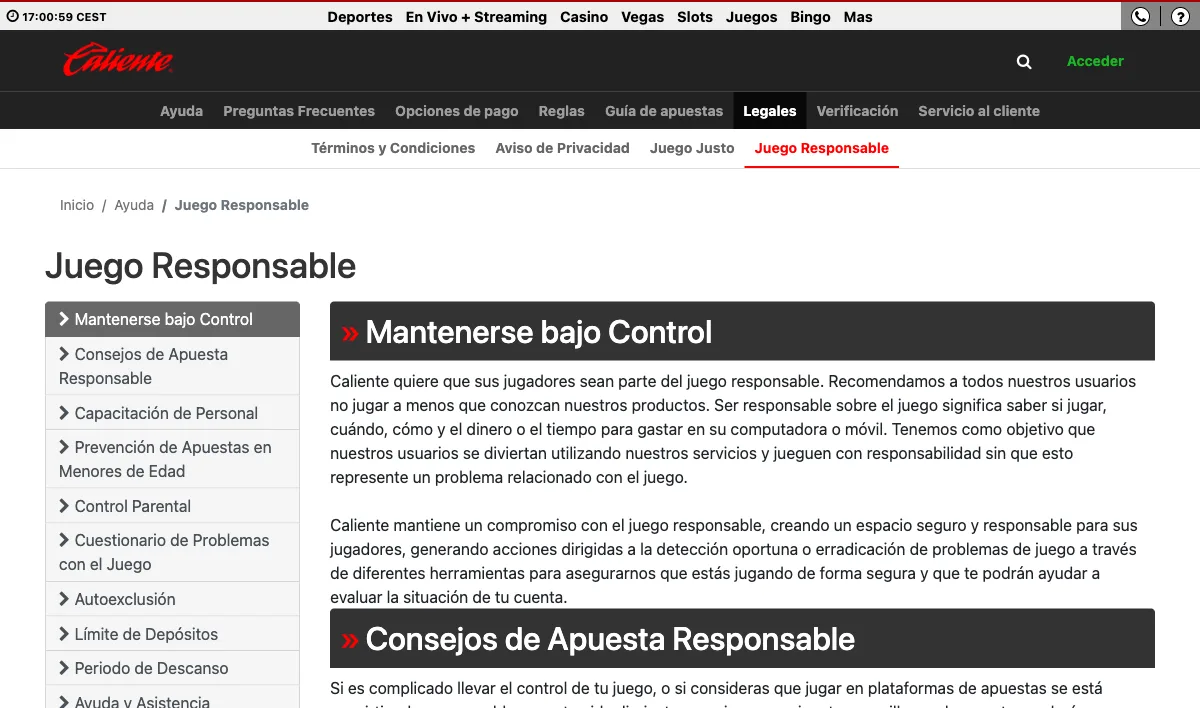 Caliente responsible gambling page listing self-exclusion, deposit limits and cool-off periods
