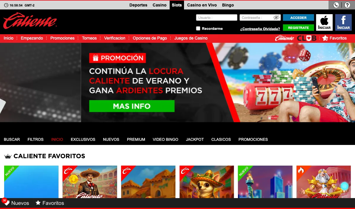 Caliente slots lobby with game tiles, category rows and RTP labels visible
