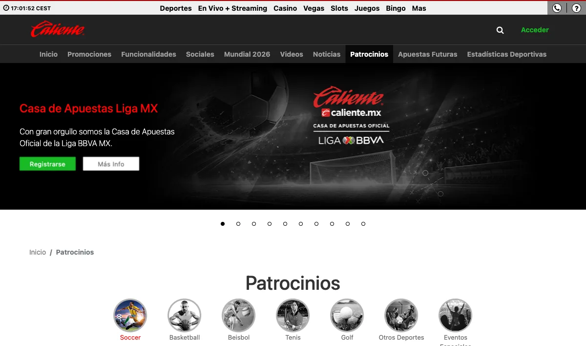 Caliente official sponsorships page showing Liga MX, Selección Nacional and club partnerships