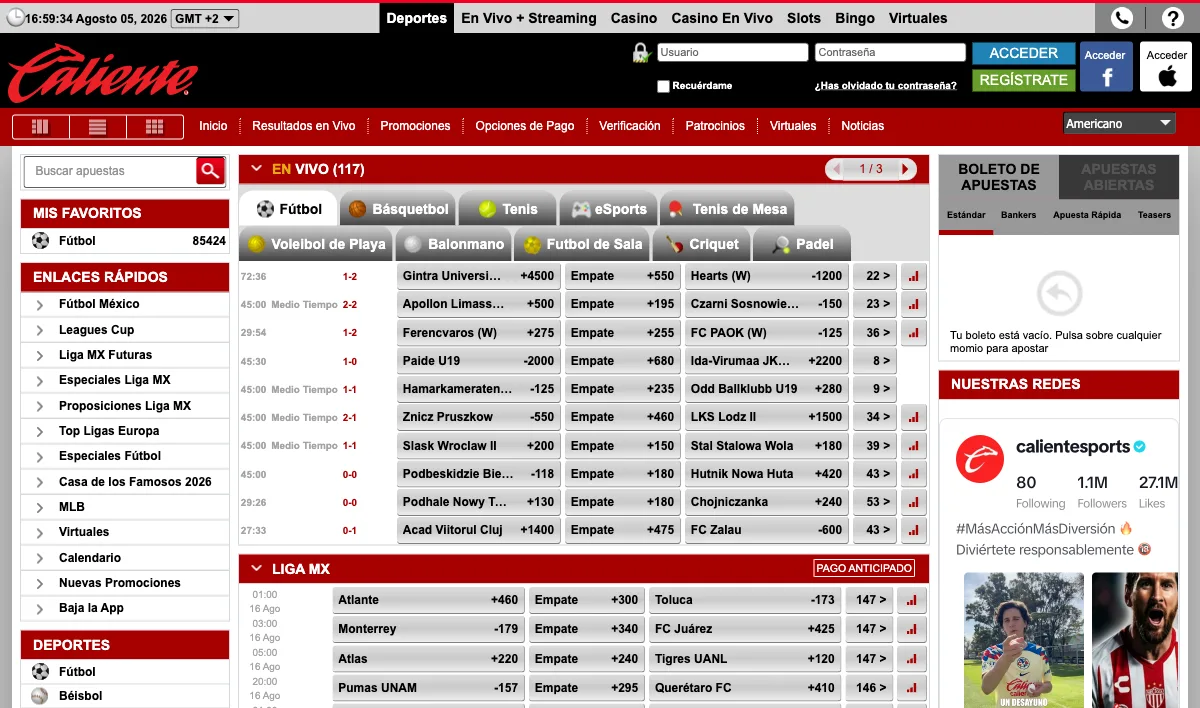 Caliente sportsbook interface with live football odds, sport menu and bet slip