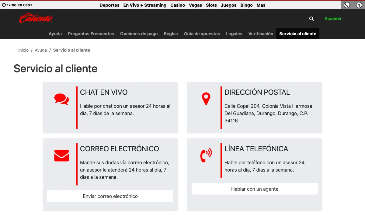 Caliente customer service help page listing 24/7 phone, live chat and email options