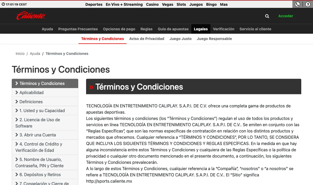 Caliente terms and conditions page showing the win cap and dormancy clauses