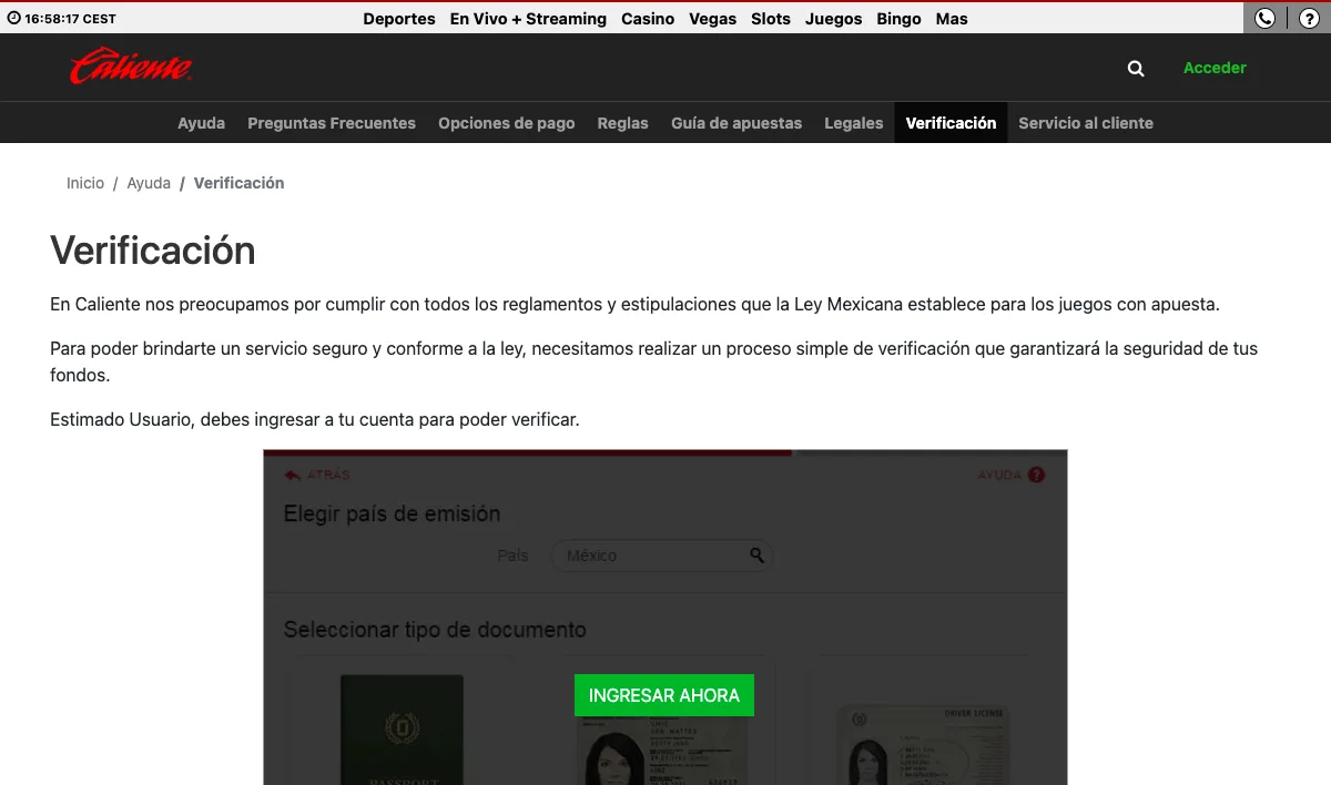 Caliente account verification help page listing accepted identity documents and the deposit threshold