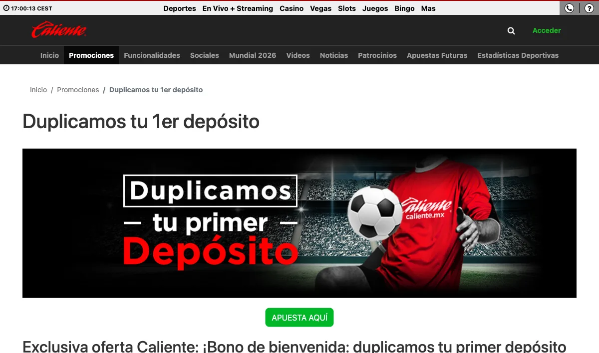 Official terms page for the 100% first-deposit match up to $7,000 MXN at Caliente